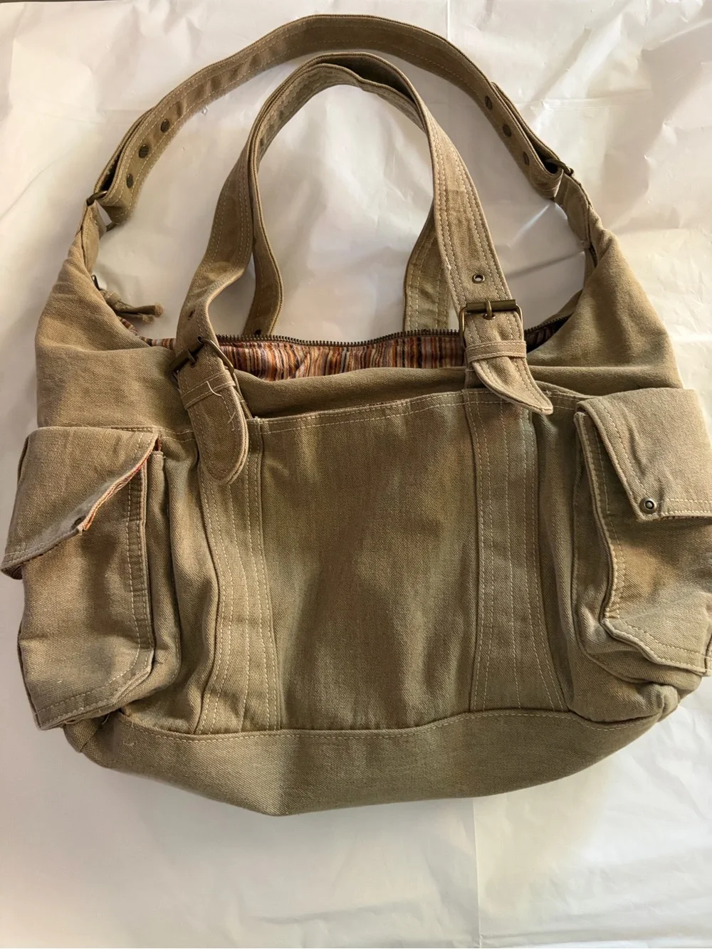 Khaki Canvas Utility Tote Bag | Multi Pocket Shoulder Bag